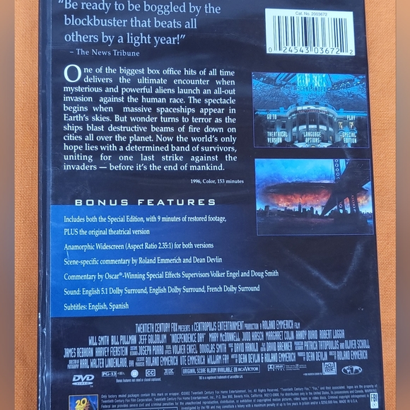 Independence Day DVD widescreen used movie EUC - Picture 2 of 2